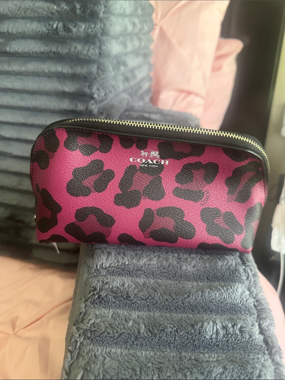 Coach Hot Pink & Black Leopard Print Cosmetic Case